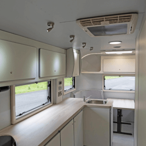 Rocket Touring Caravan custom kitchen interior built in UK, neutral and cream colour pallet